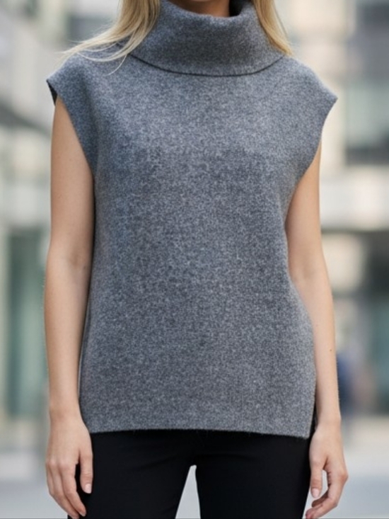 community Sweaters - Wool Blend Sleeveless Cowl Turtleneck Sweater Vest - Gray 4582